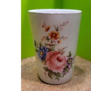 Vintage Floral Porcelain Tumbler Vase Pink Rose Gold Rim 4 Inch White Ceramic